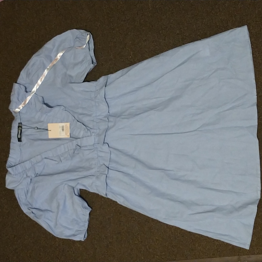 Missguided Poplin Frill Waist Skater Dress SS Linen Look Blue V-neck Puff Sleeve - Picture 2 of 10